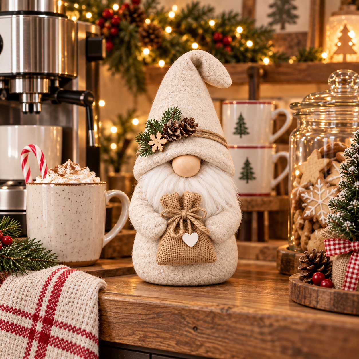 Cream Nordic Christmas Gnome with Burlap Gift Bag