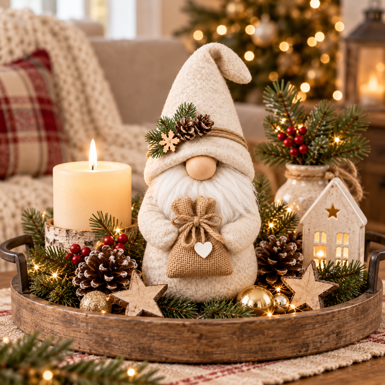 Cream Nordic Christmas Gnome with Burlap Gift Bag