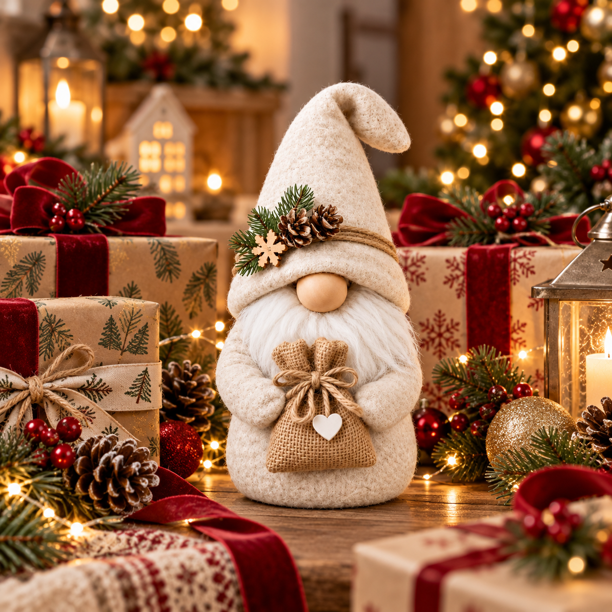 Cream Nordic Christmas Gnome with Burlap Gift Bag