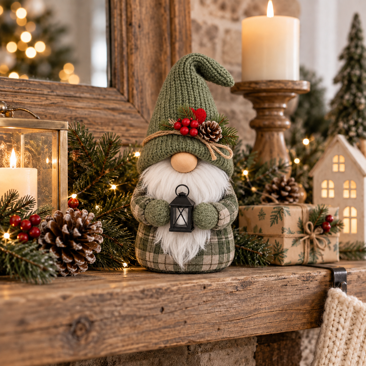 Cream Nordic Christmas Gnome with Burlap Gift Bag