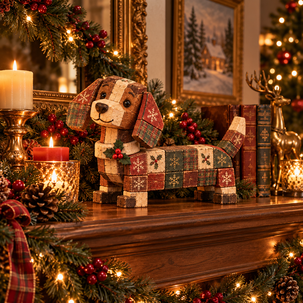 Vintage Christmas Block Dachshund Figurine