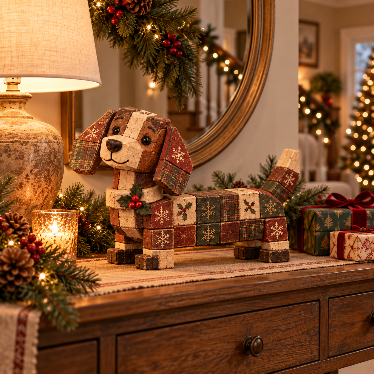 Vintage Christmas Block Dachshund Figurine