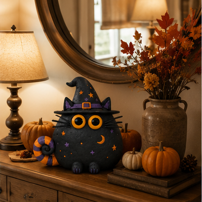 Halloween Witch Cat Decor, 7.9-Inch Hollow Polyresin Black Cat Figurine with Witch Hat