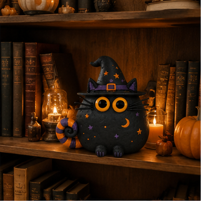 Halloween Witch Cat Decor, 7.9-Inch Hollow Polyresin Black Cat Figurine with Witch Hat