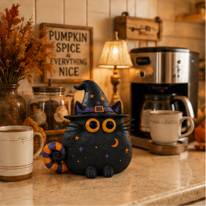 Halloween Witch Cat Decor, 7.9-Inch Hollow Polyresin Black Cat Figurine with Witch Hat