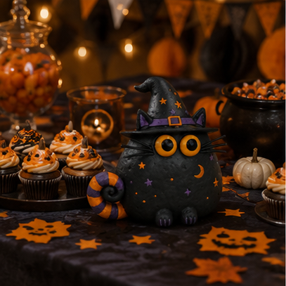 Halloween Witch Cat Decor, 7.9-Inch Hollow Polyresin Black Cat Figurine with Witch Hat