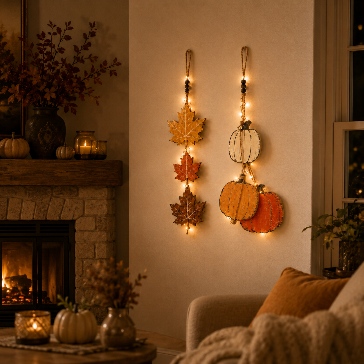 23.6 in Lighted Fall Wooden Hanging Decor Set – Maple Leaves & Pumpkins