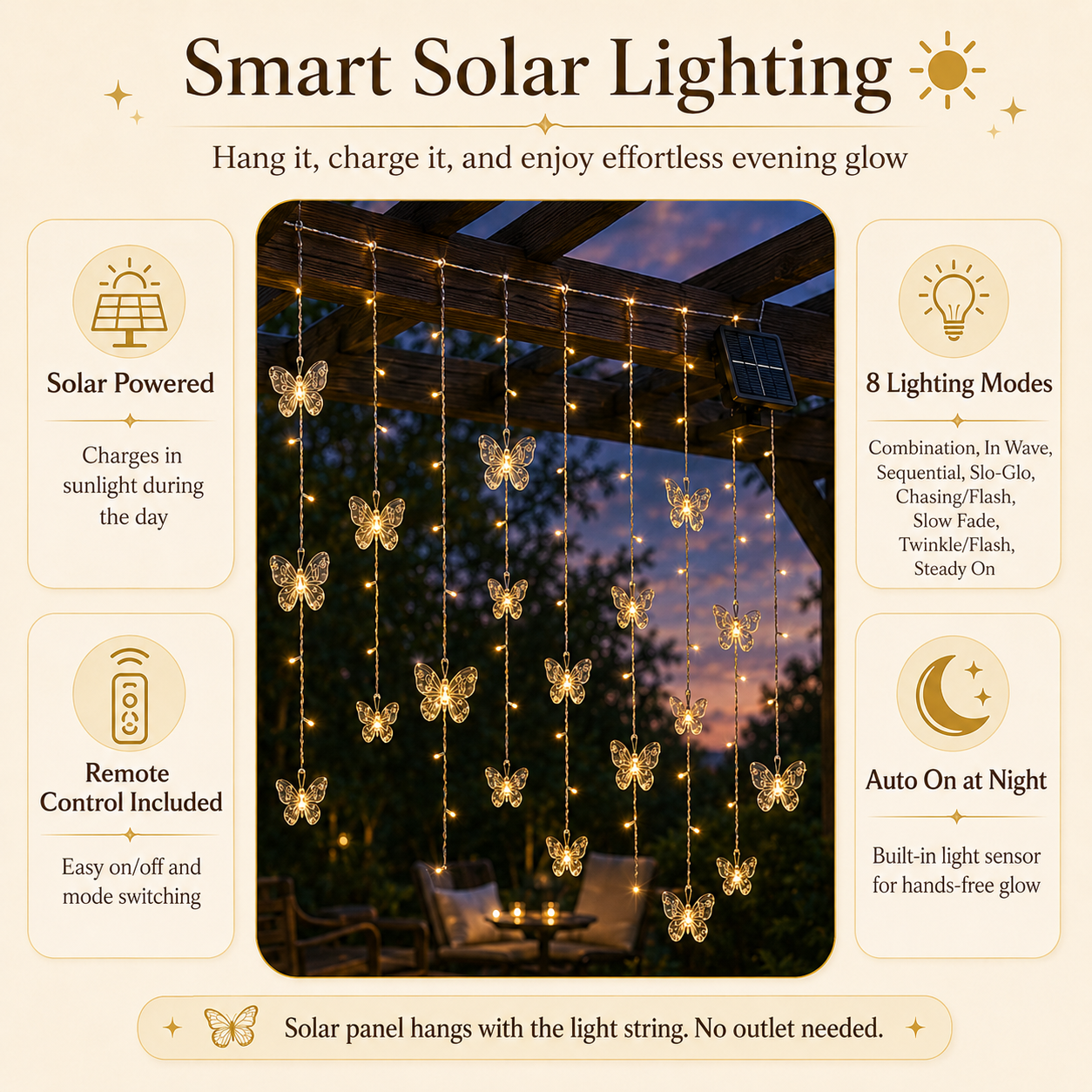 118.1 in Solar Butterfly Waterfall Curtain Lights 🦋✨ Warm White Outdoor Fairy Lights with Remote Control & 8 Lighting Modes