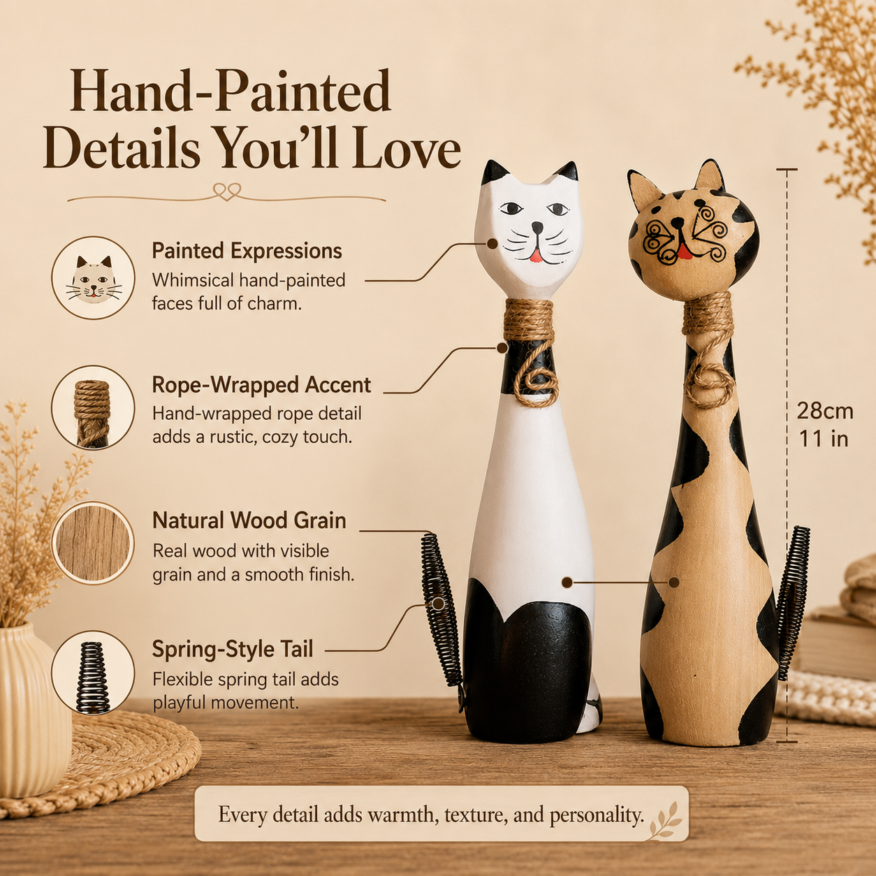 11 in Whimsical Hand-Painted Wooden Cat Figurines – Set of 2 🐱