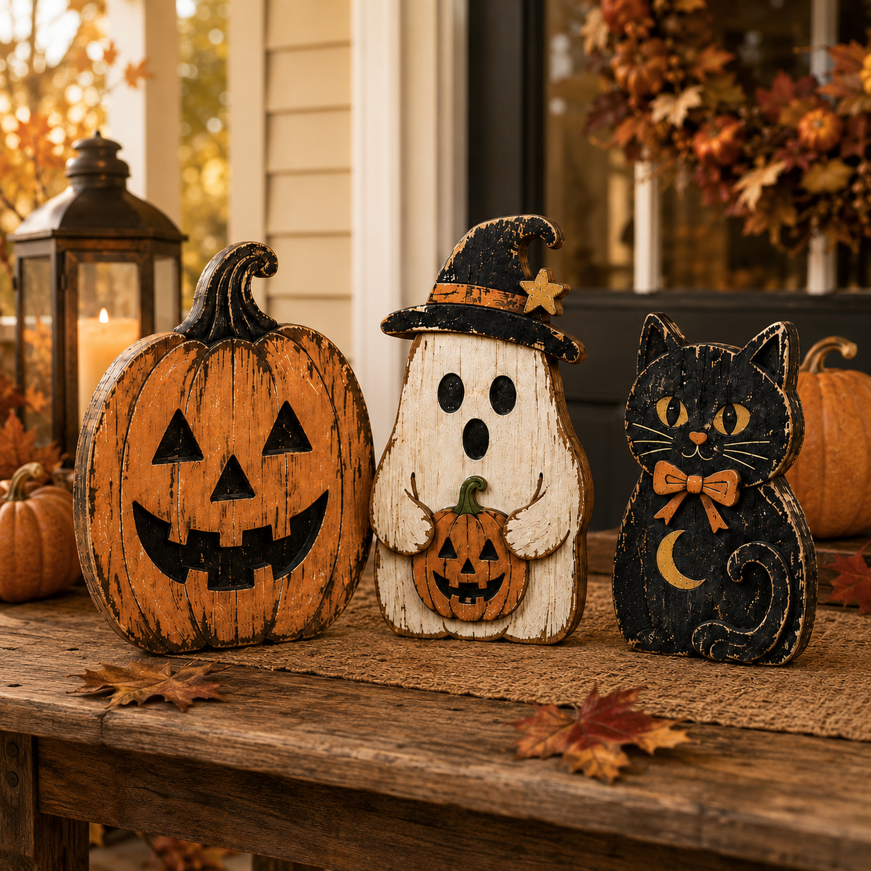 Vintage Halloween Wooden Trio – Pumpkin, Ghost & Black Cat