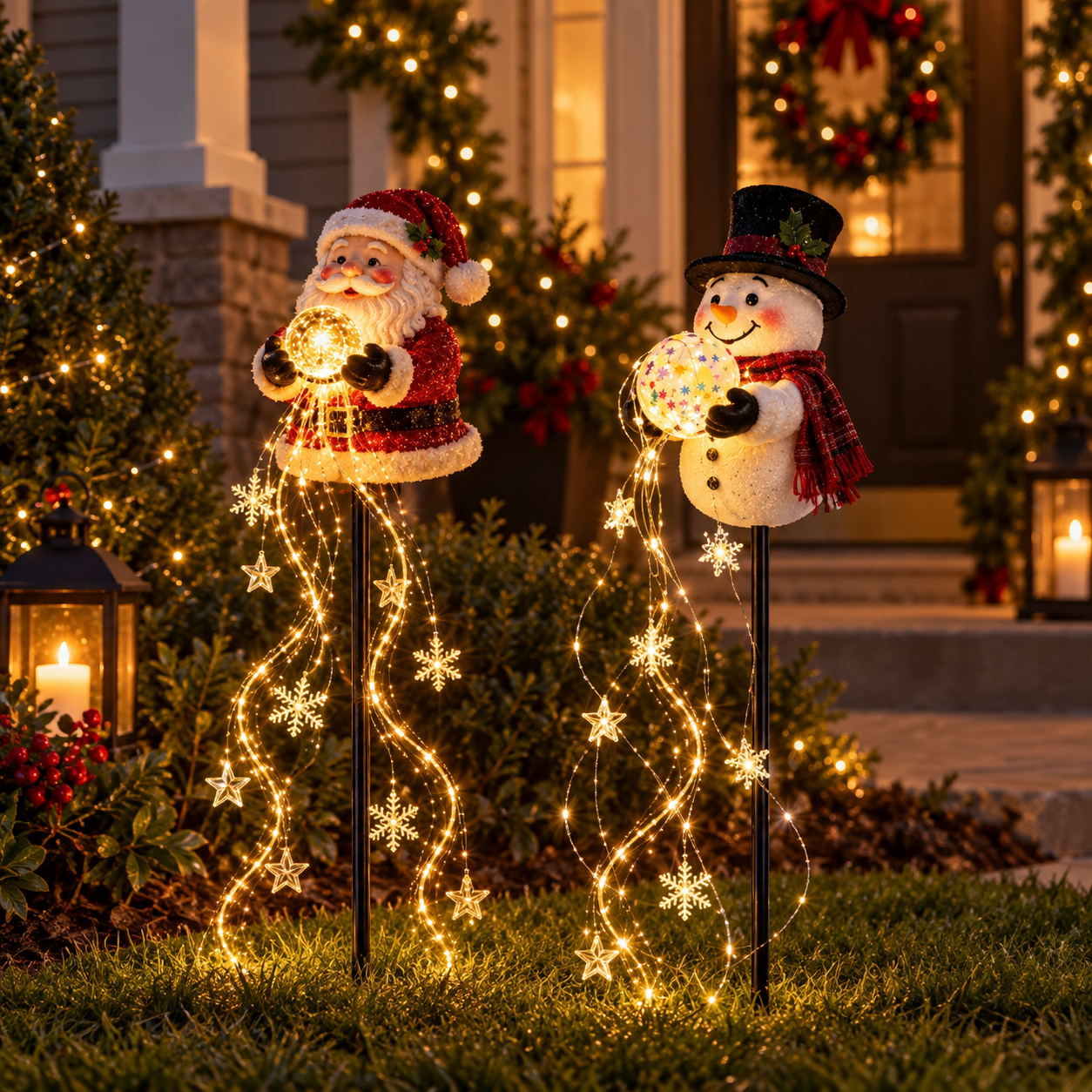 Christmas Magic Fountain Snowman & Santa Garden Stake Light
