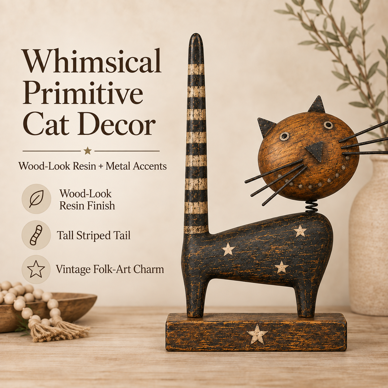 Vintage Primitive Folk Art Cat Figurine with Rustic Metal Accents