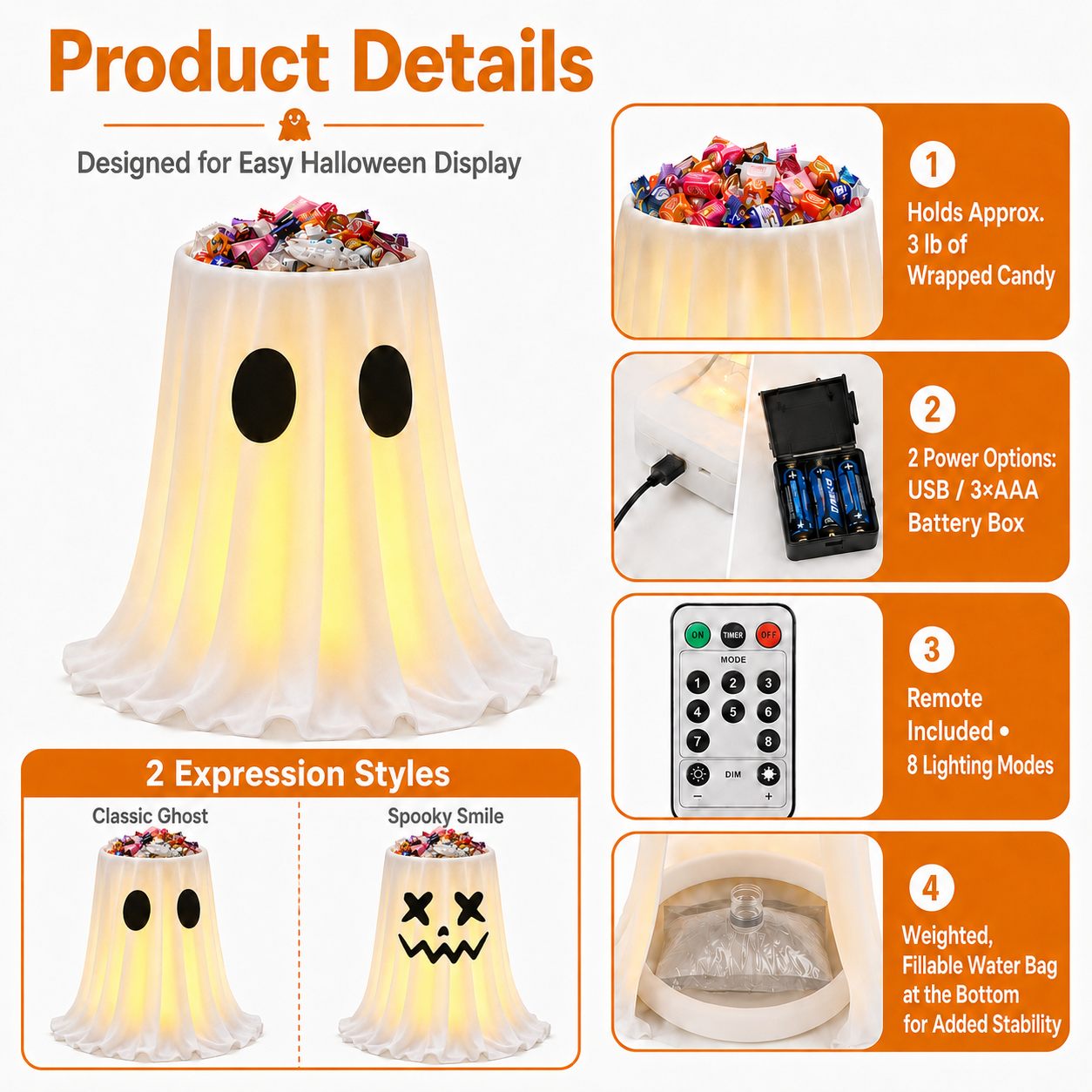 Adjustable Light-Up Ghost Candy Bowl with Remote 👻