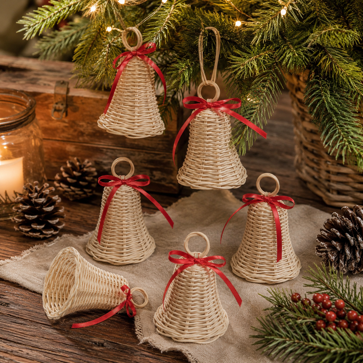 Rustic Woven Christmas Bell Ornaments – 6 Piece Set