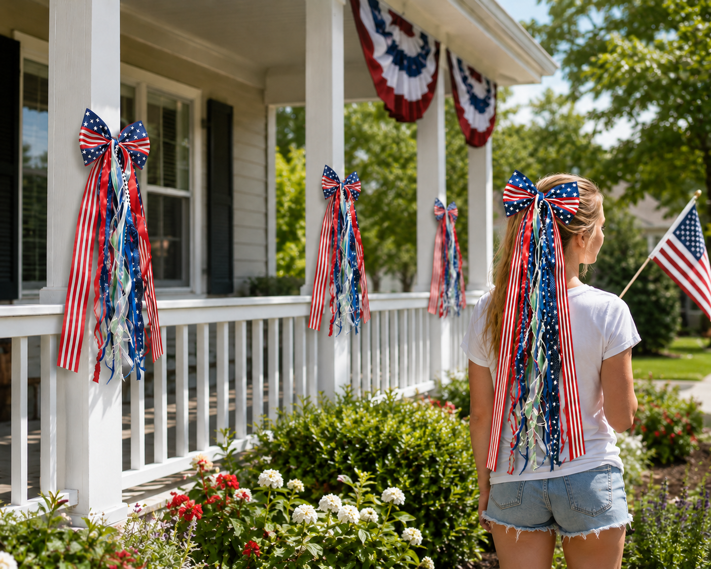 Red White Blue Hanging Ribbon Bow Decoration