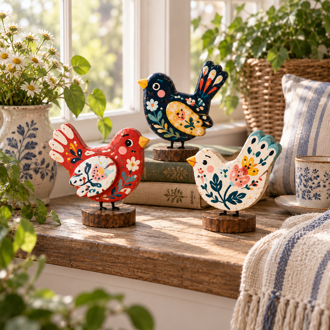 Hand-Painted Folk Art Bird Figurines – Set of 3