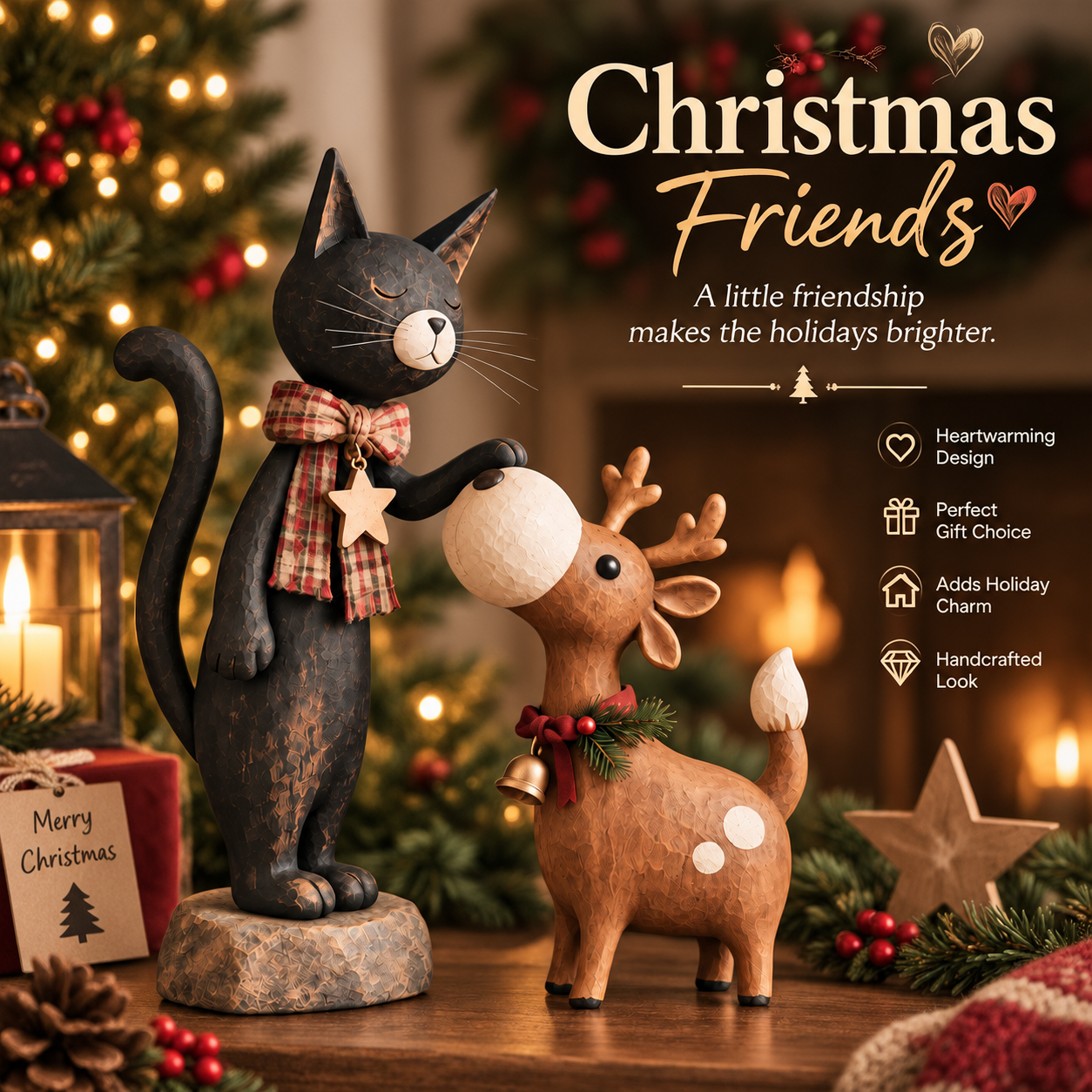 Whimsical Christmas Cat & Reindeer Figurine Set