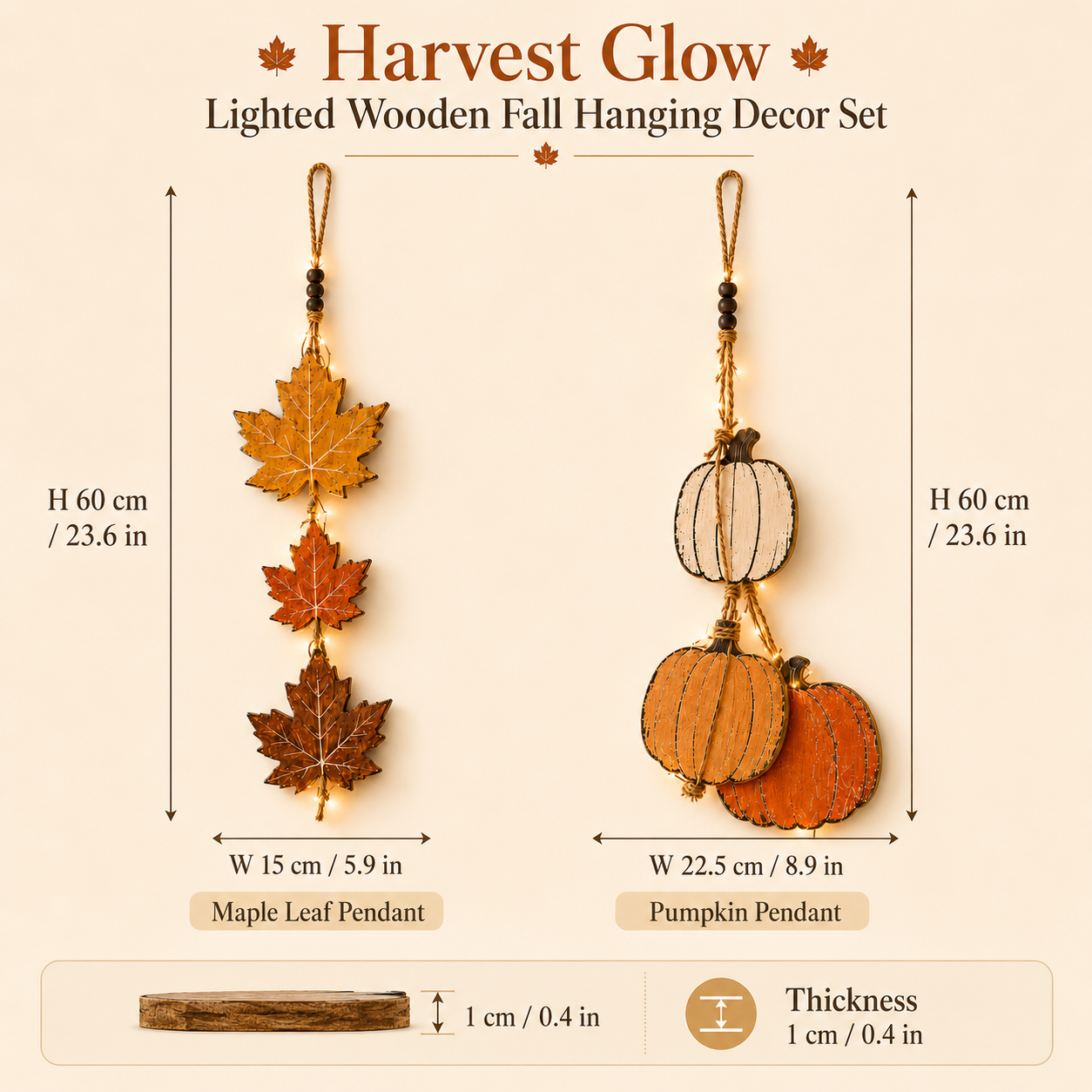 23.6 in Lighted Fall Wooden Hanging Decor Set – Maple Leaves & Pumpkins