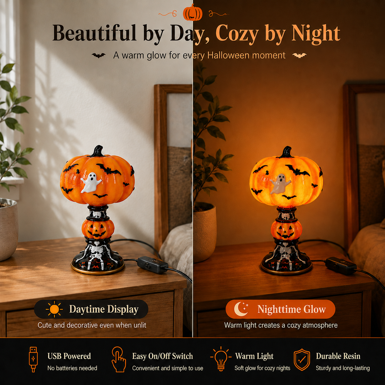 🎃 Light-Up Halloween Pumpkin Ghost Table Lamp