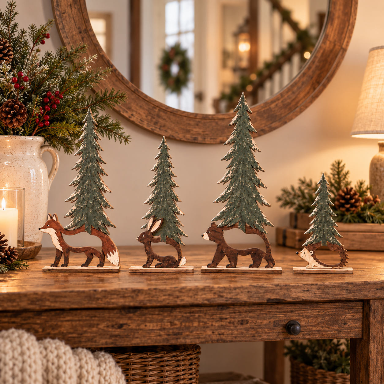 Woodland Christmas Forest Friends Set - 4 Piece Rustic Wooden Animal Tree Decor