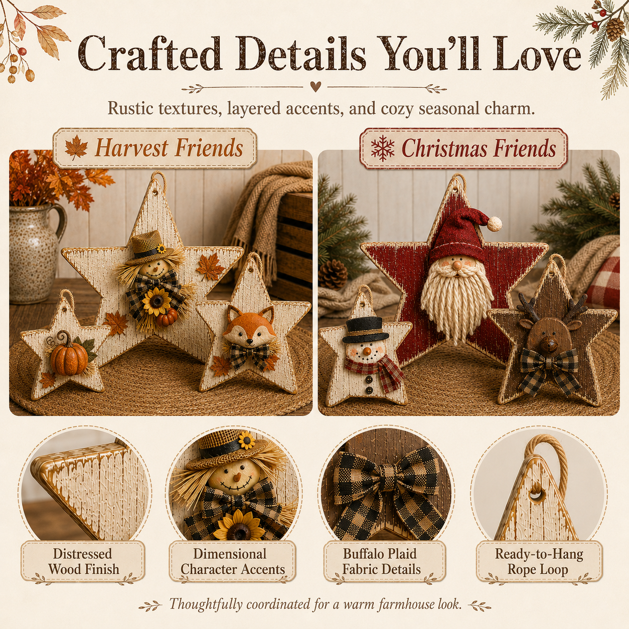 Rustic Seasonal Star Wall Decor Set – 3-Piece