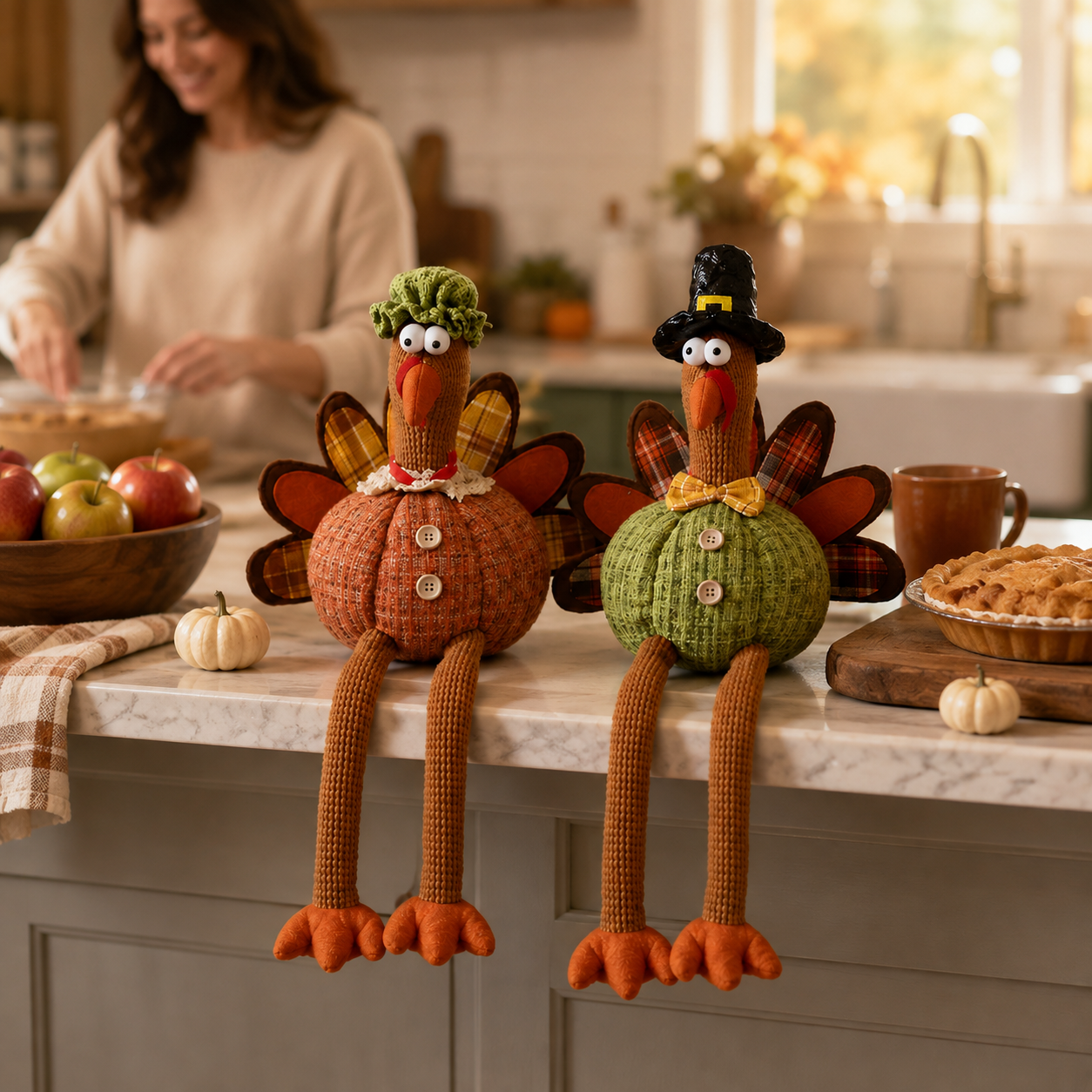 Whimsical Harvest Turkey Couple Shelf Sitters – Set of 2