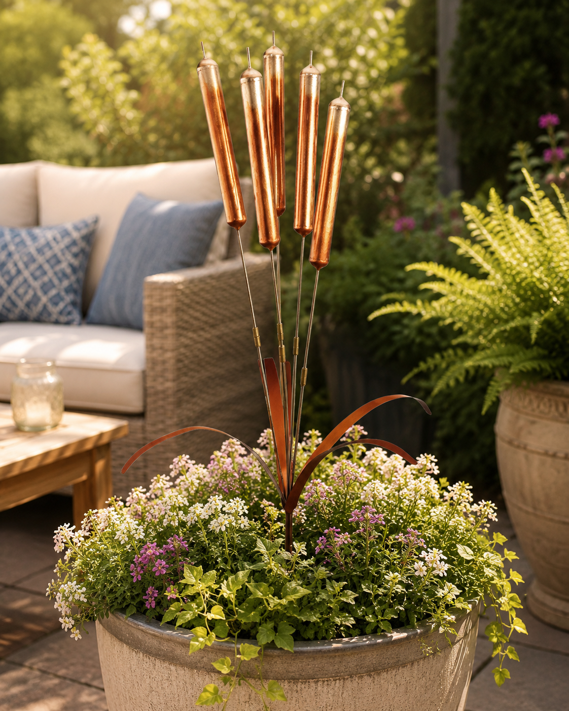 Copper Cattail Wind Chimes Metal Garden Stake Decor, 20 Inch Realistic Outdoor Yard Art