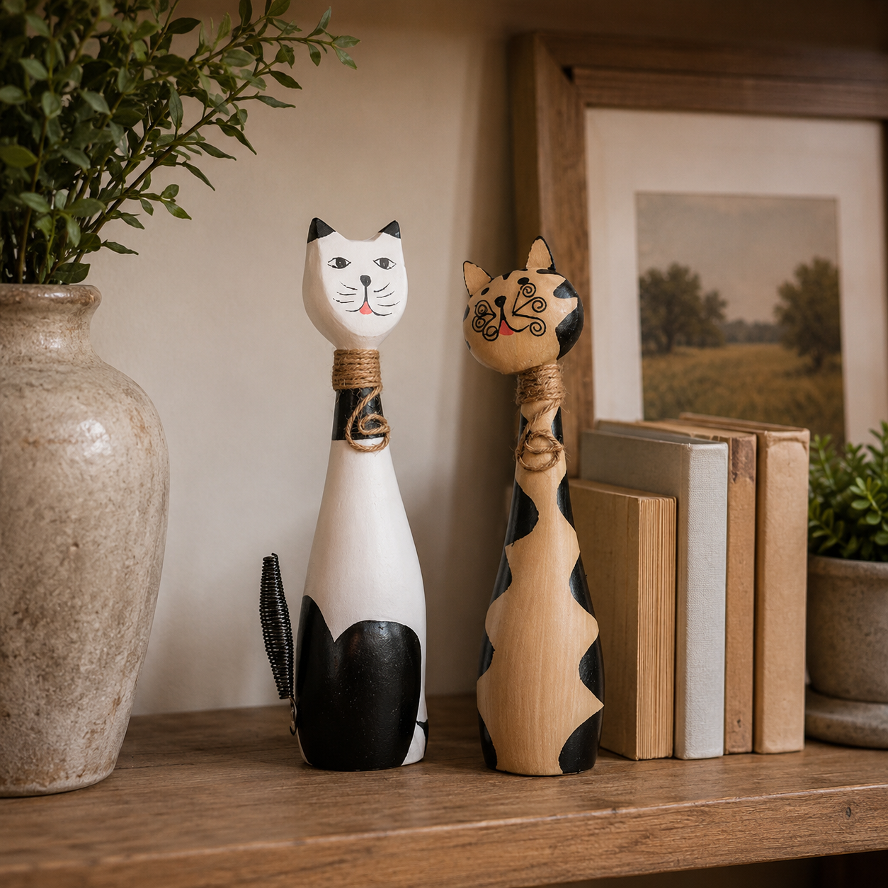 11 in Whimsical Hand-Painted Wooden Cat Figurines – Set of 2 🐱