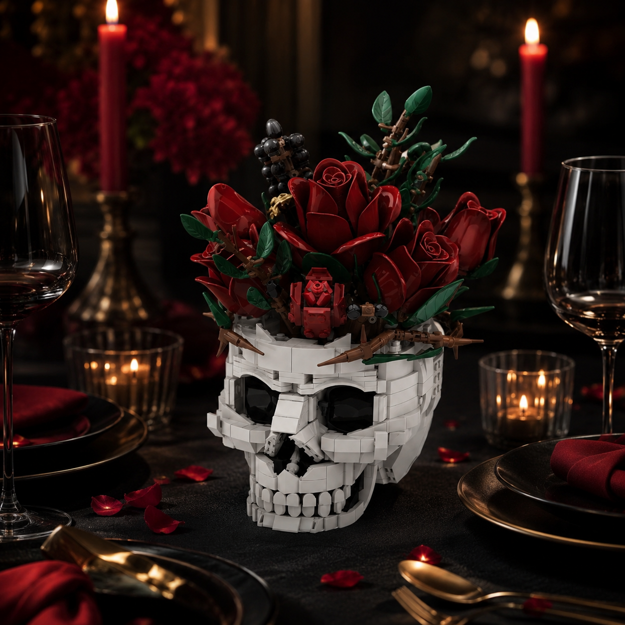 Gothic Rose Skull Building Block Flower Vase🖤🌹 – 1123 PCS DIY Dark Romantic Home Decor Gift