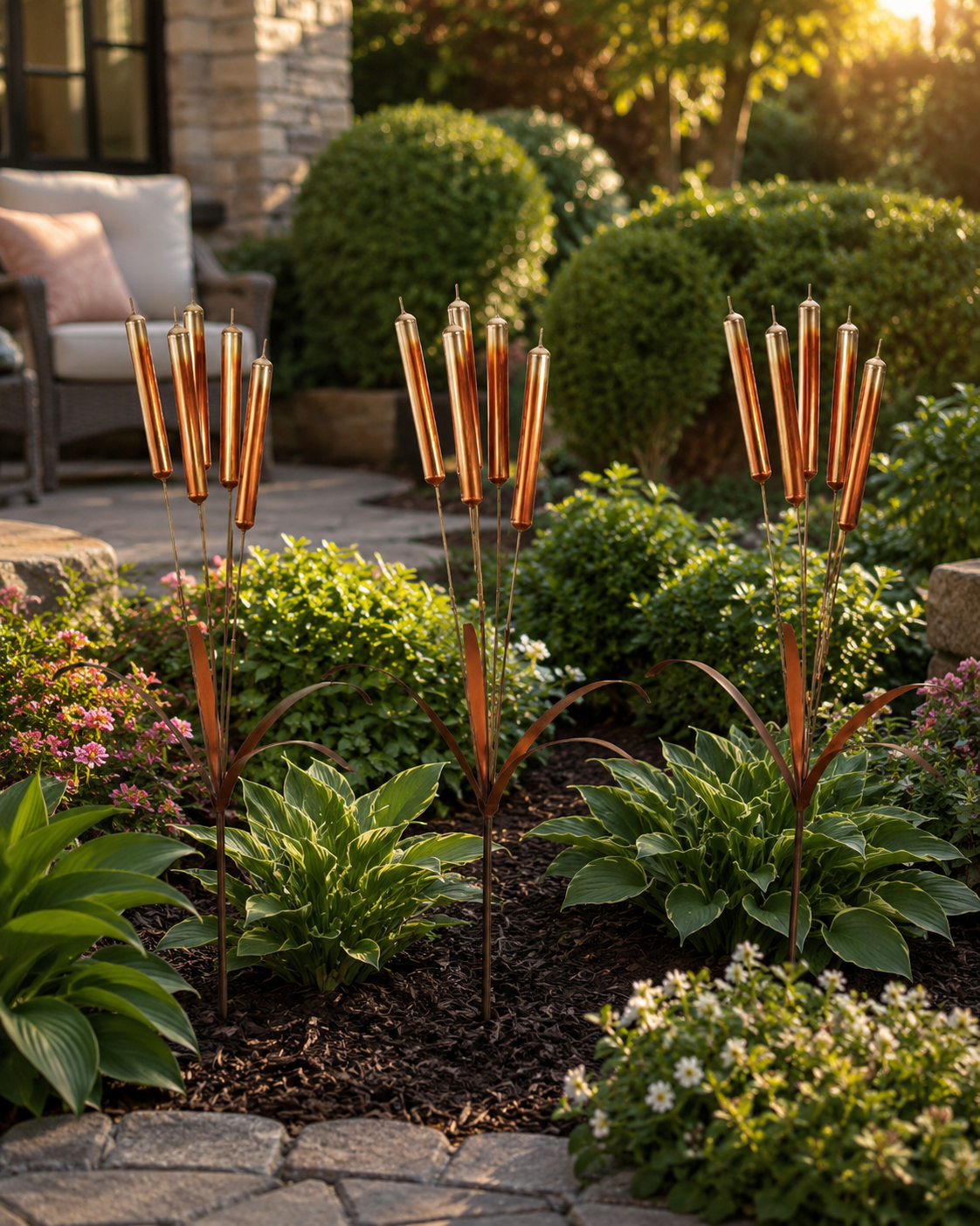 Copper Cattail Wind Chimes Metal Garden Stake Decor, 20 Inch Realistic Outdoor Yard Art