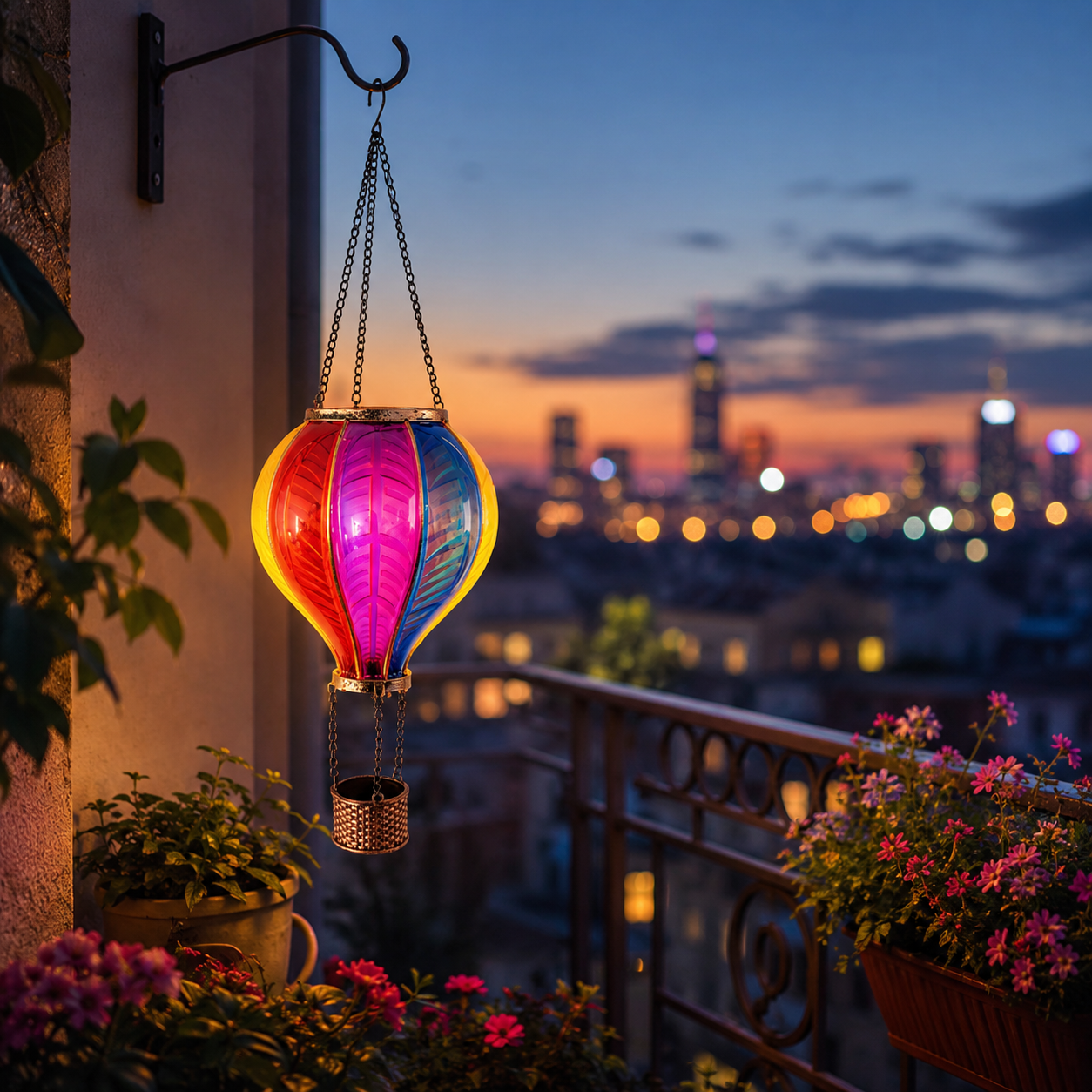 Solar Hot Air Balloon Hanging Lantern, Colorful Stained Glass Style Outdoor Solar Garden