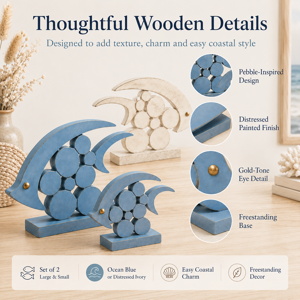 🐟 Coastal Pebble Fish Wooden Decor Set – 2 Pieces