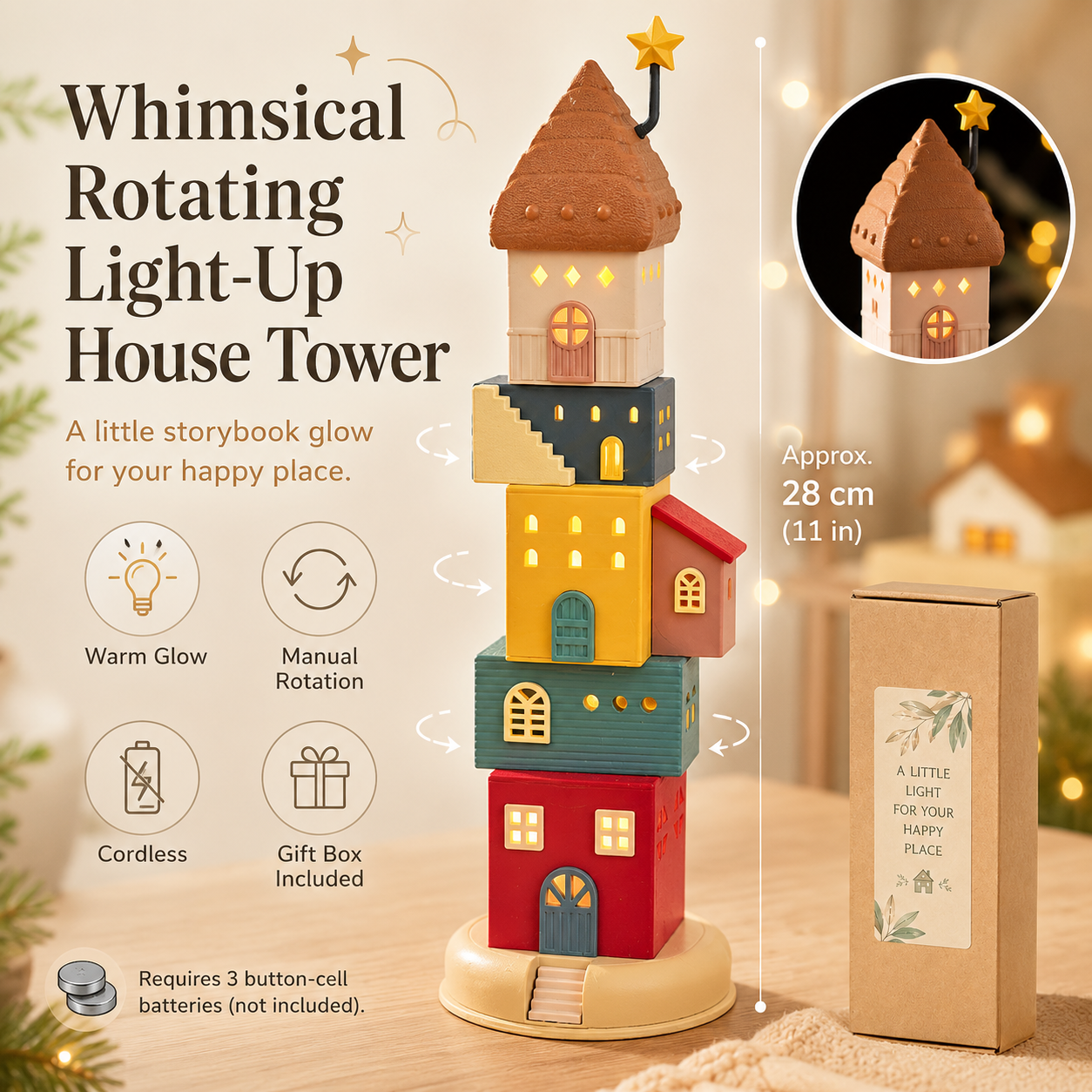 🏠 Whimsical Rotating Light-Up House Tower