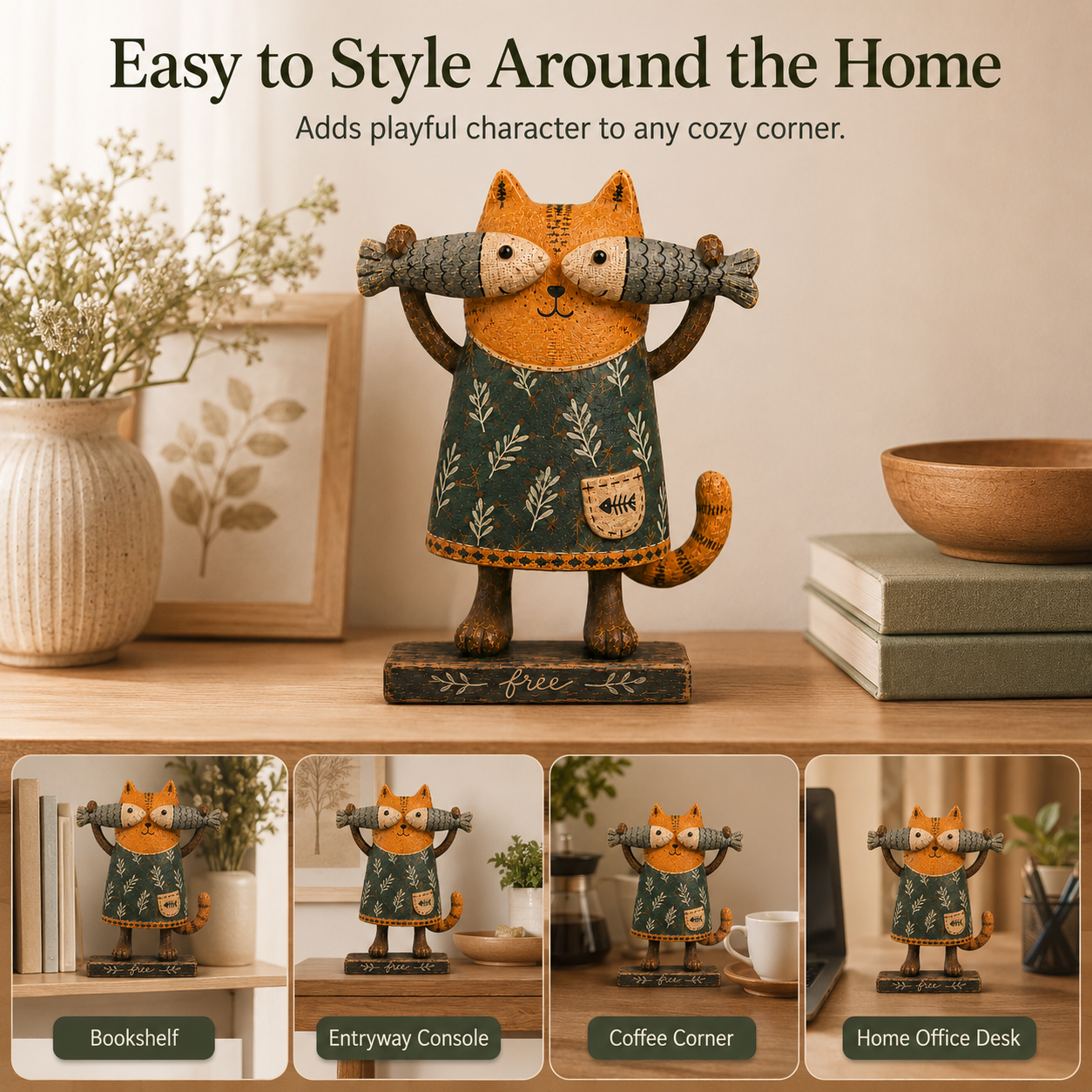 Free Spirit Cat with Fish Wooden Figurine