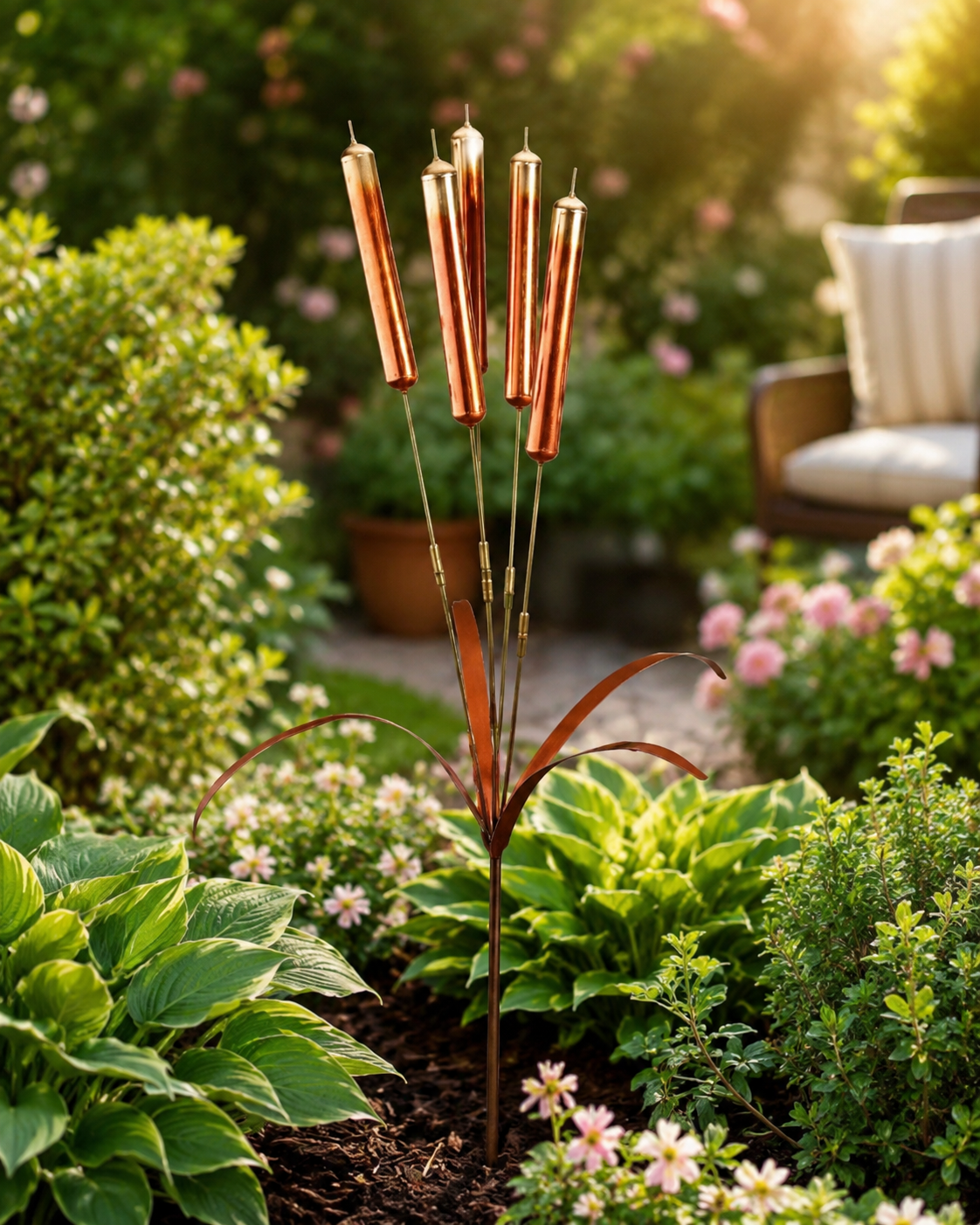 Copper Cattail Wind Chimes Metal Garden Stake Decor, 20 Inch Realistic Outdoor Yard Art