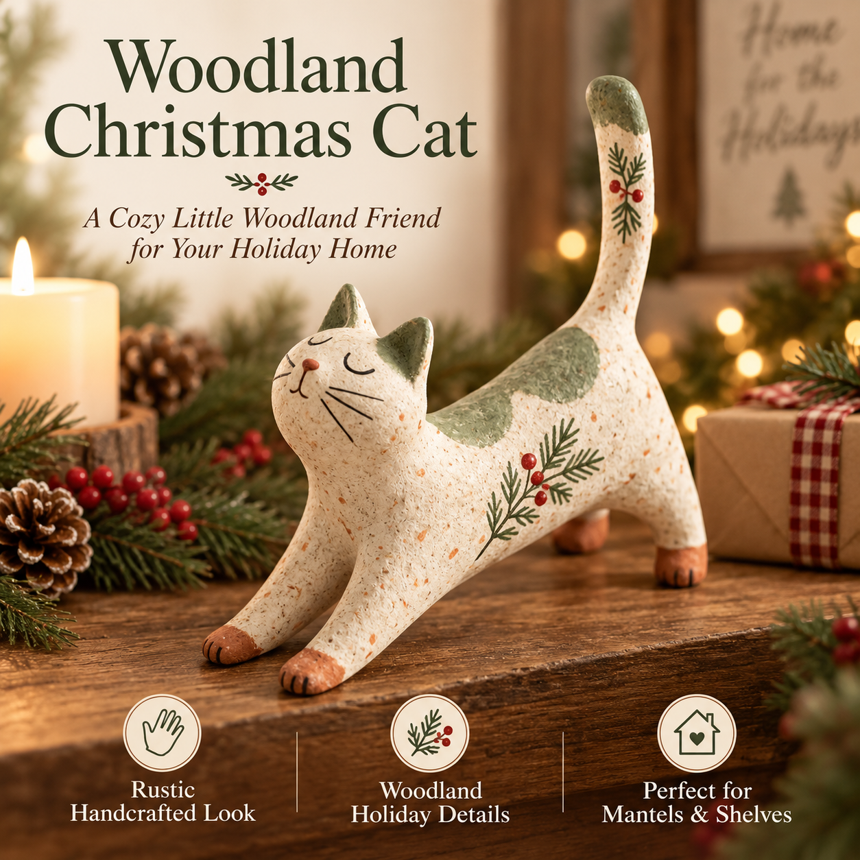 Rustic woodland Christmas cat detail