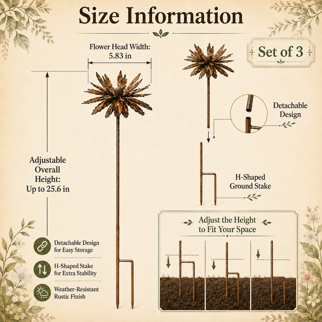 25.6" Tall Vintage Wildflower Metal Garden Stakes - Set of 3
