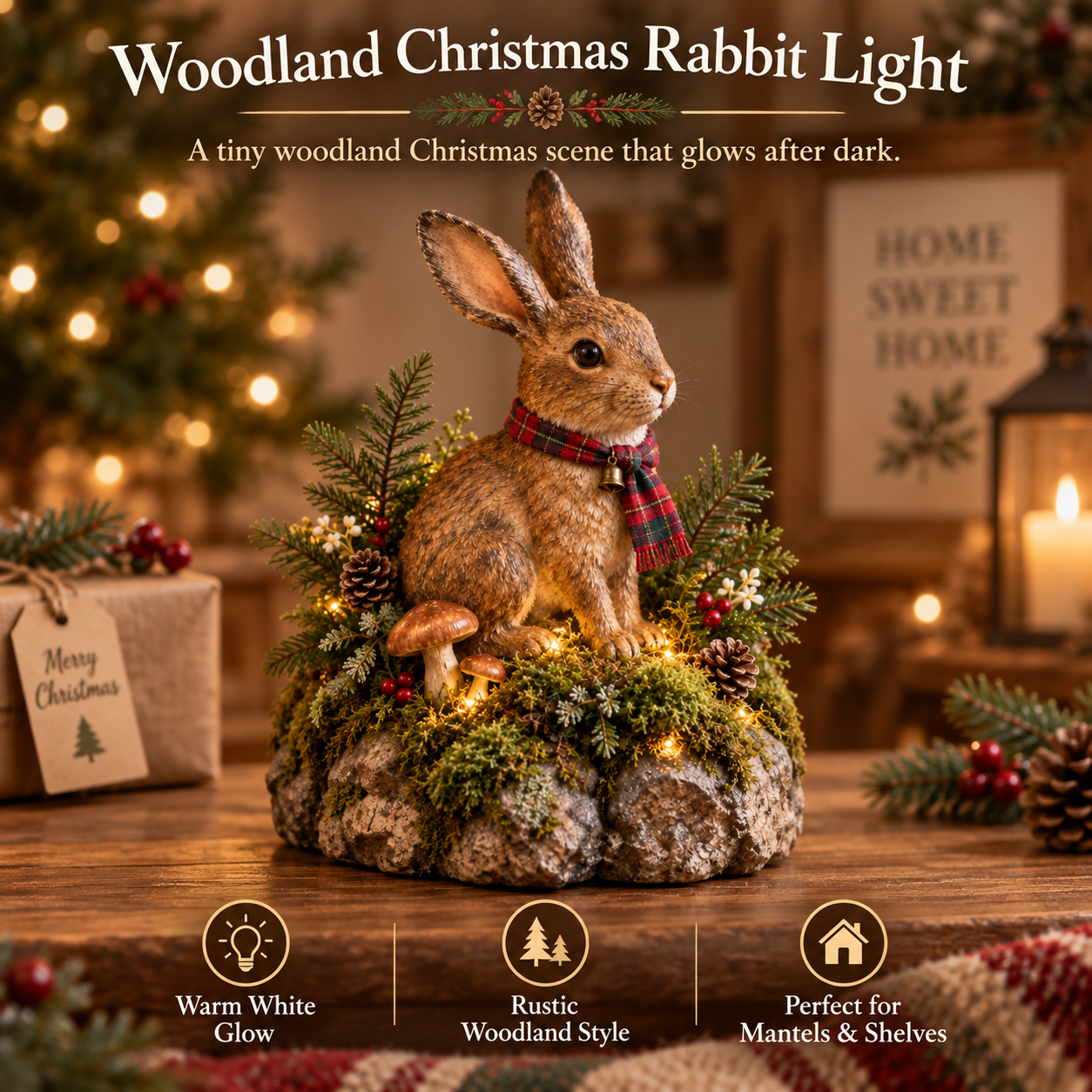 Lighted Woodland Christmas Rabbit Figurine