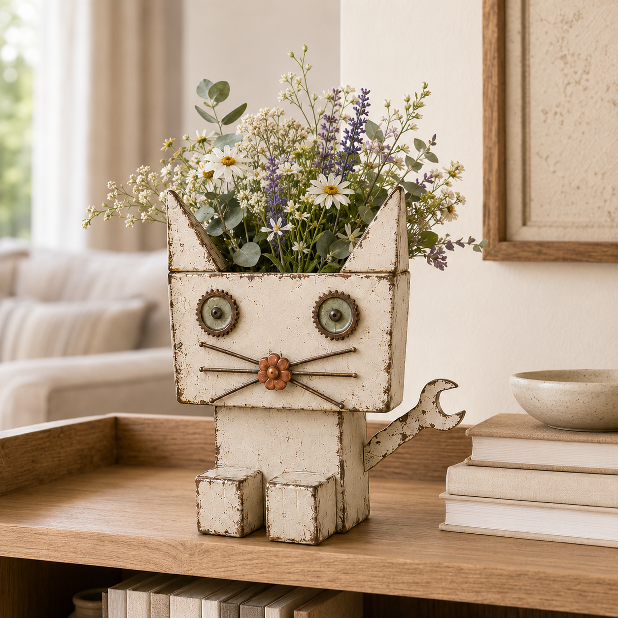 Whimsical Wrench-Tail Cat Metal Flower Holder 🐱🌼