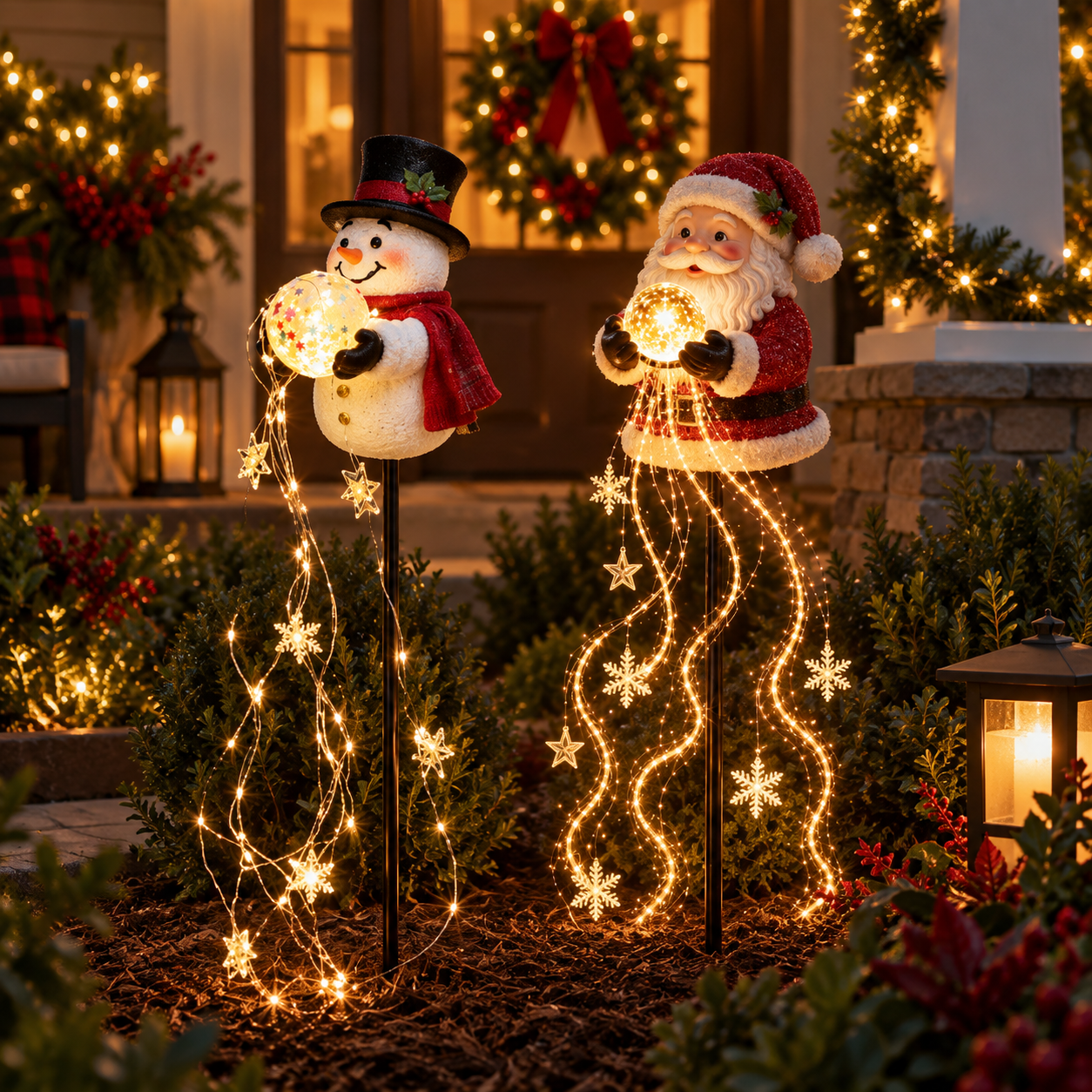 Christmas Magic Fountain Snowman & Santa Garden Stake Light