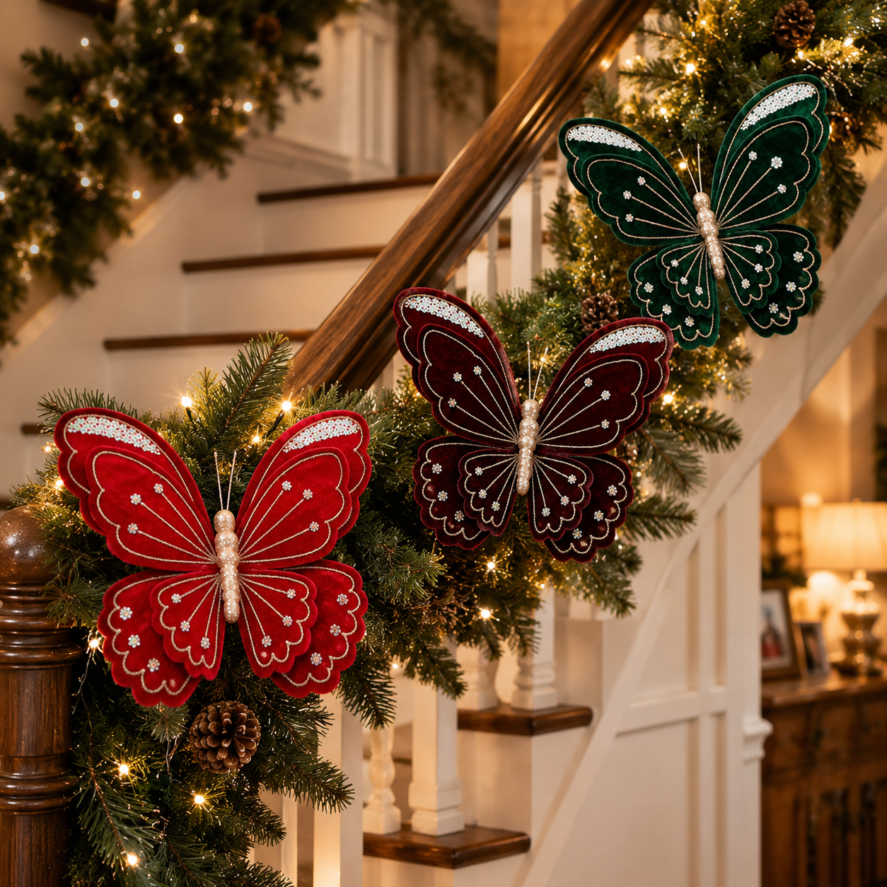 3-Piece Velvet Butterfly Christmas Decorations - 15.8 × 13.8 in