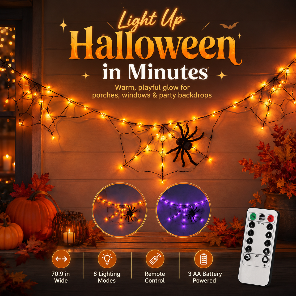 70.9" Wide Battery-Powered Spider Web Lights