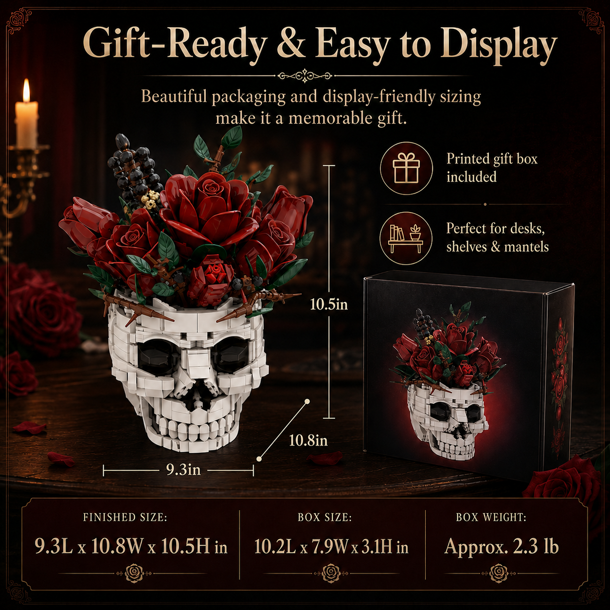 Gothic Rose Skull Building Block Flower Vase🖤🌹 – 1123 PCS DIY Dark Romantic Home Decor Gift