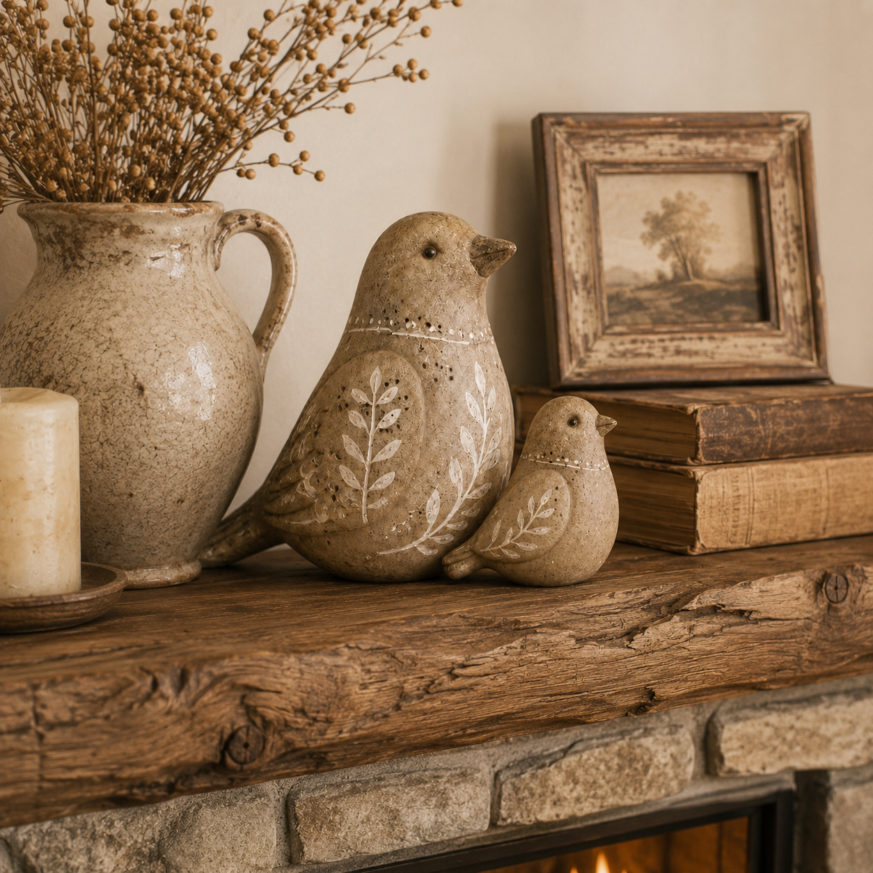 Vintage Primitive Folk Art Bird Duo