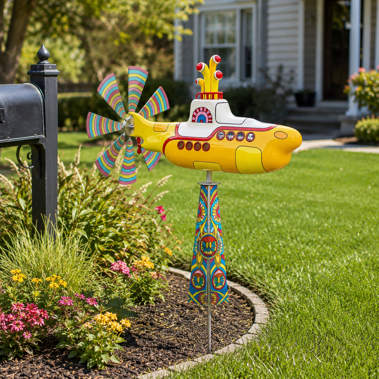 Yellow Submarine Garden Whirligig Wind Spinner Stake, 33.4 Inch Outdoor Yard Windmill Decoration with Colorful Propeller