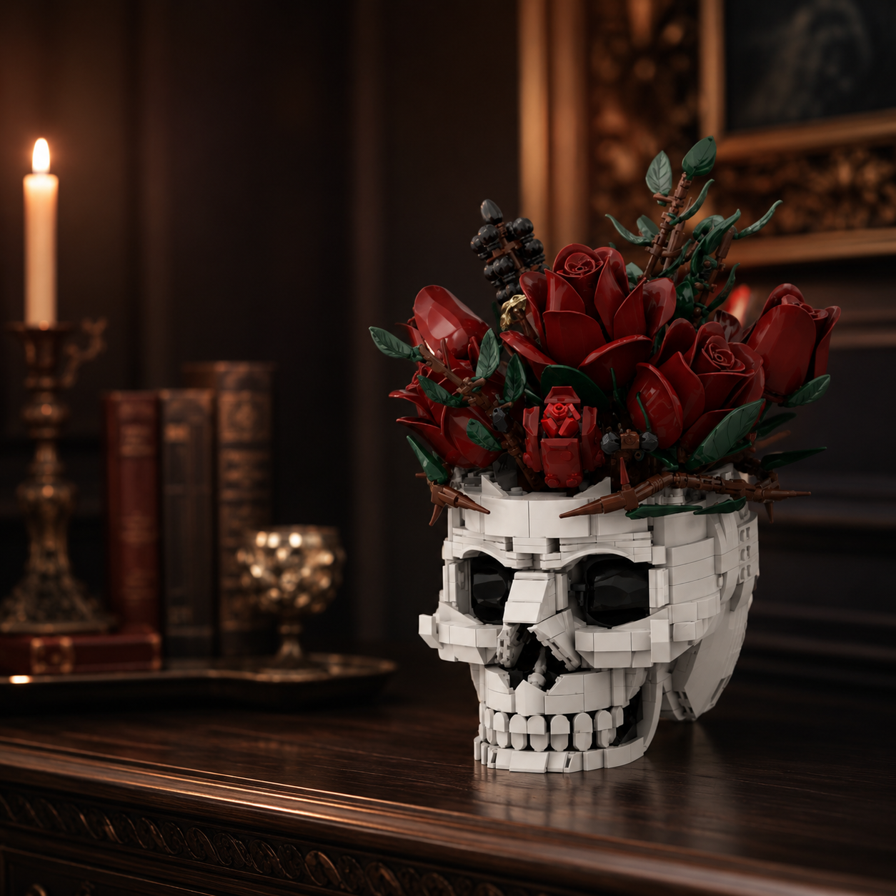 Gothic Rose Skull Building Block Flower Vase🖤🌹 – 1123 PCS DIY Dark Romantic Home Decor Gift