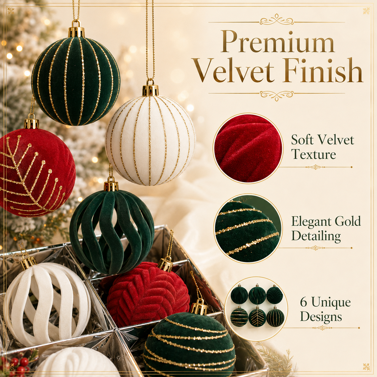 Luxe Velvet Christmas Ornaments – 6-Piece Holiday Bauble Set