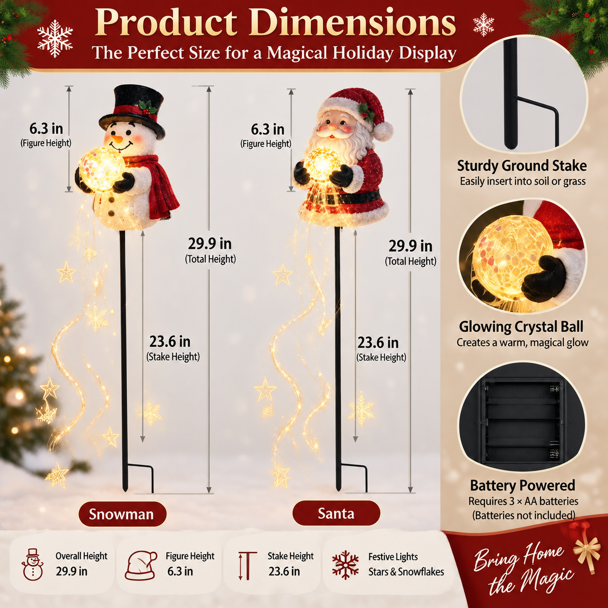 Christmas Magic Fountain Snowman & Santa Garden Stake Light