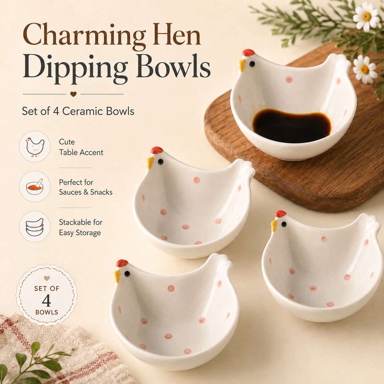 Whimsical Hen Ceramic Dipping Bowls – Set of 4