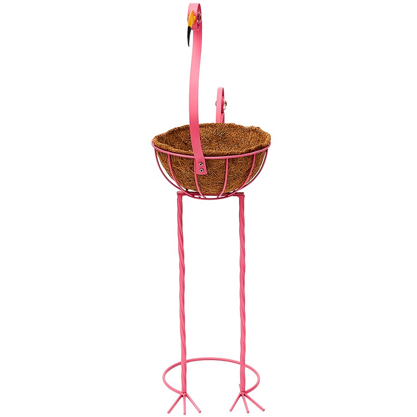 Tropical Flamingo Metal Planter Stand with Basket